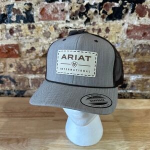 Ariat Mens Gray Brown Logo Patch Adjustable Snapback Cap Hat NEW